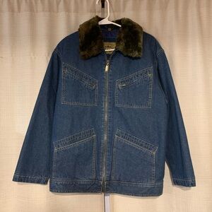 Liz Claiborne Blue Denim Jacket with Brown Faux Fur Collar